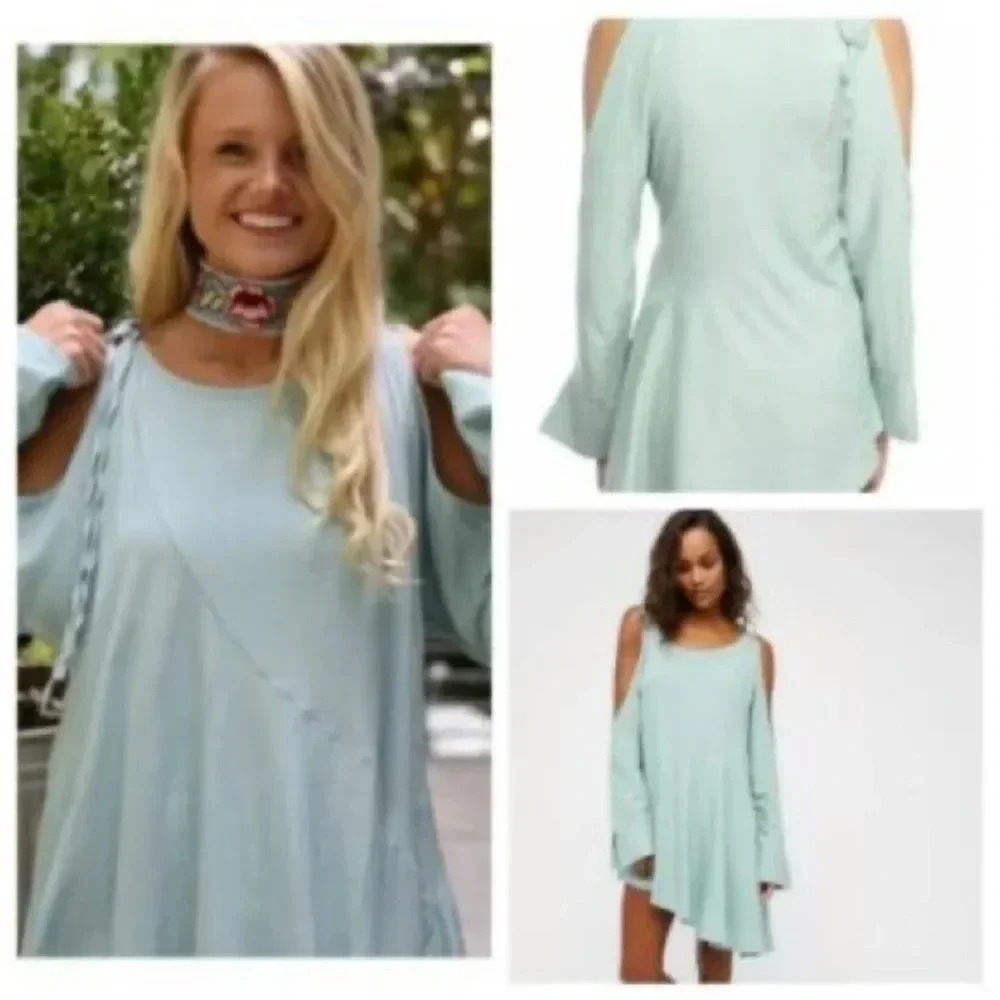 Free People Mint Green Cold Shoulder Tie Sleeve Flowy Tunic Top Size S‎